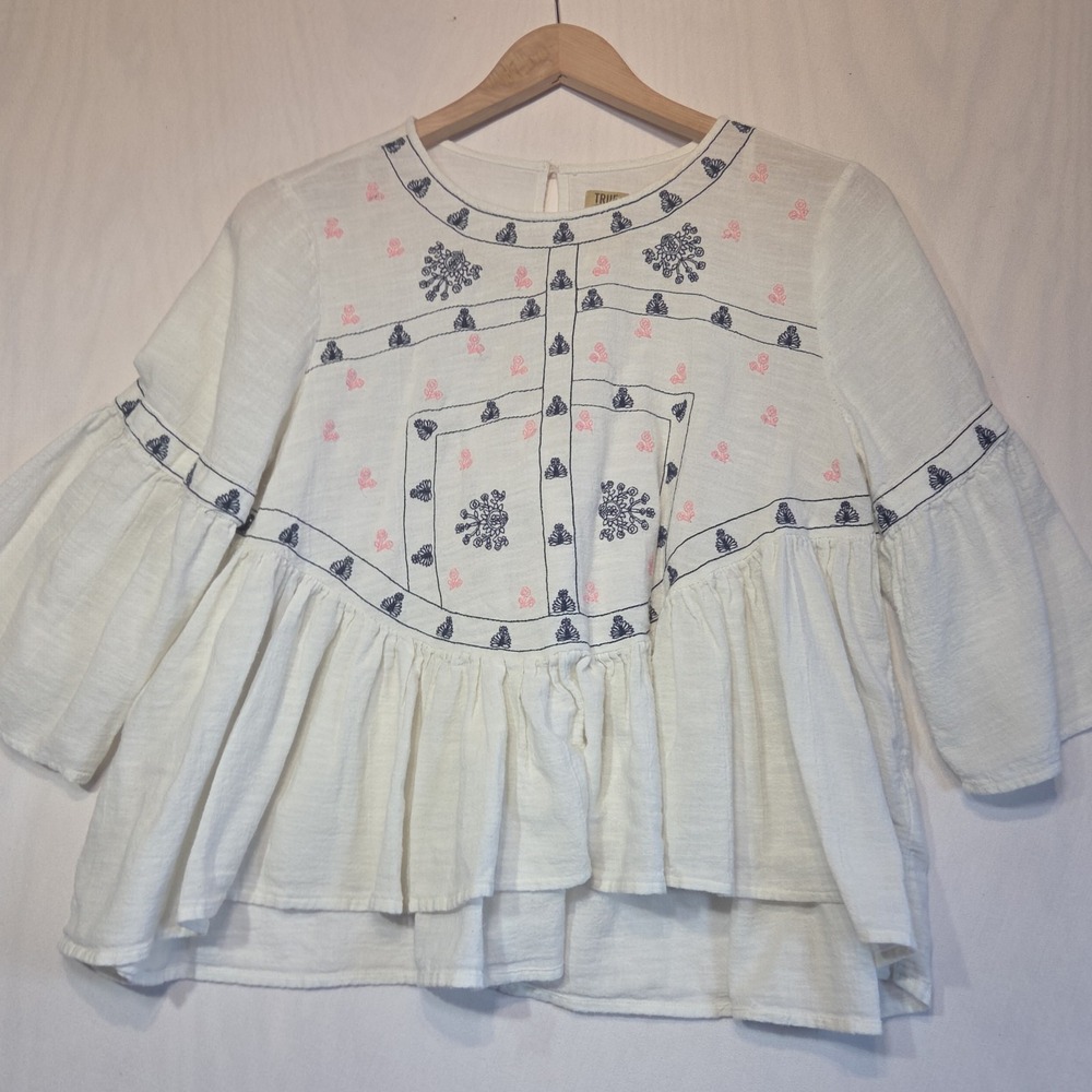 True Craft Women M White Embroidered Peplum Blouse 100% Cotton Boho India